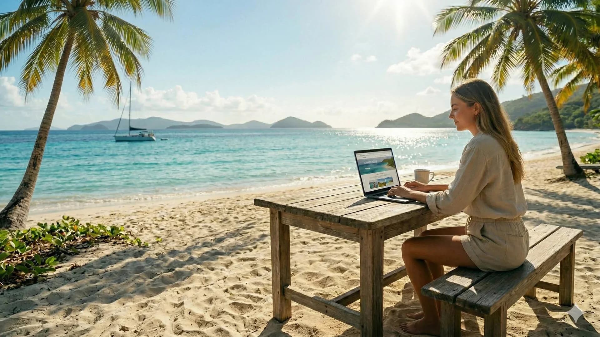Person arbeitet entspannt mit Laptop am Strand als Chat-Moderator im Remote-Job